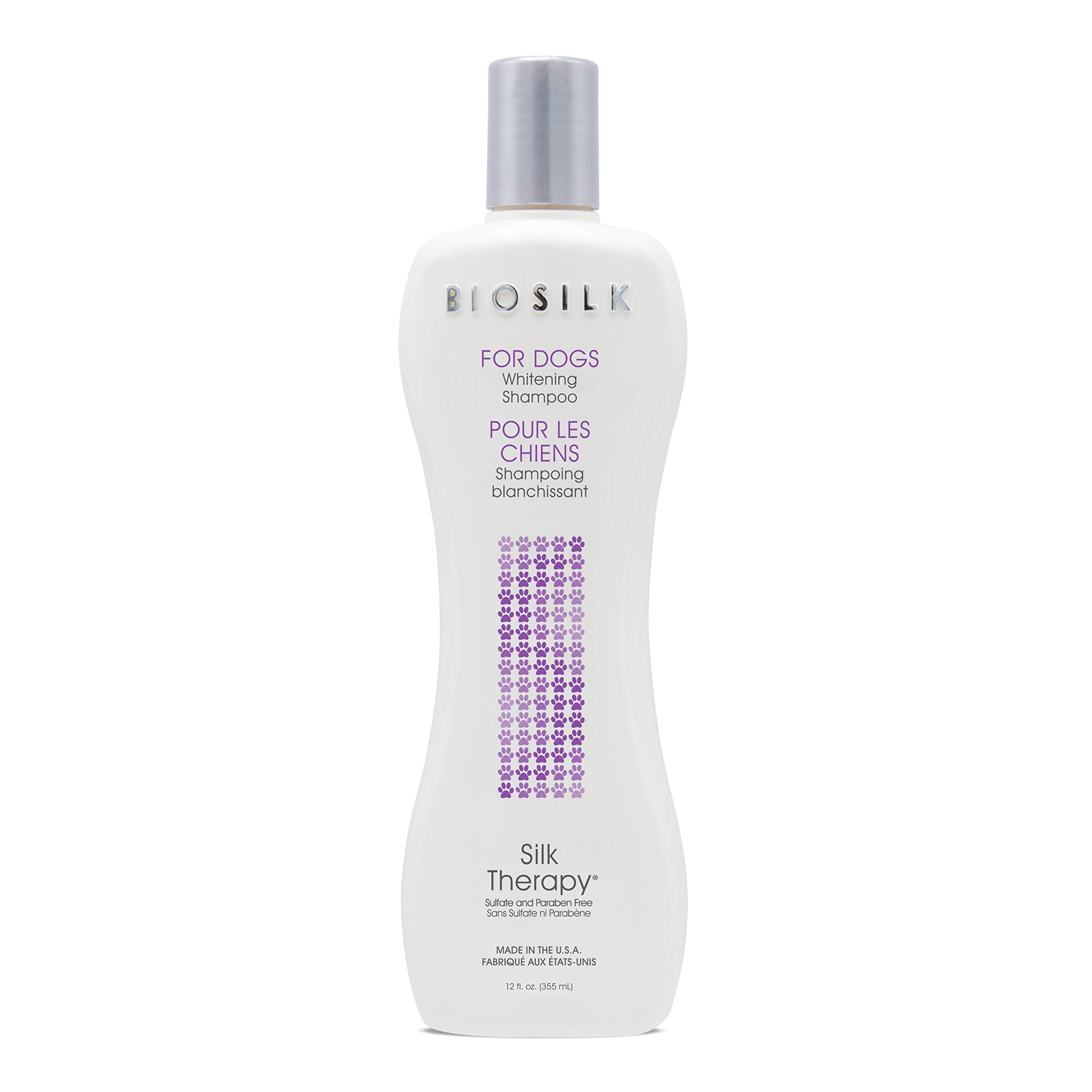 BioSilk Silk Therapy Whitening Dog Shampoo bottle angled view highlighting gentle cleansing