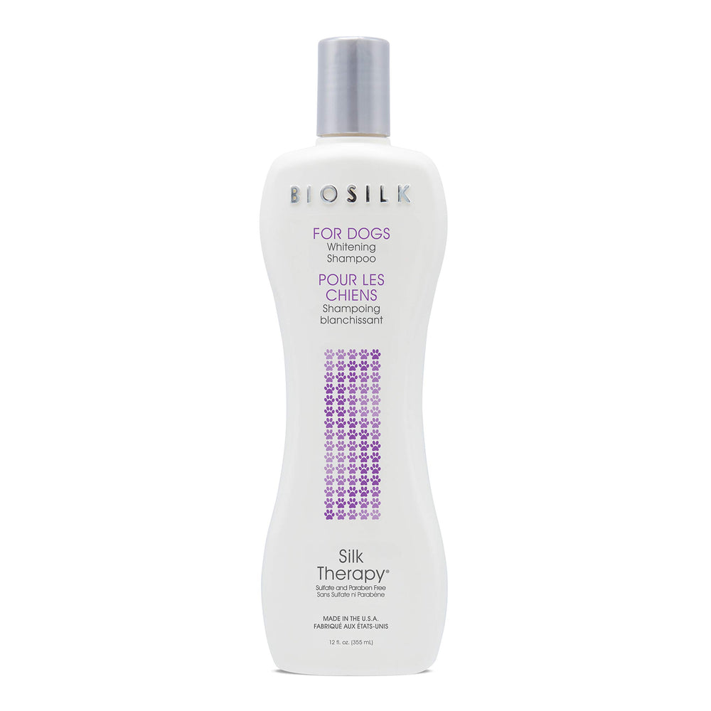 BioSilk Silk Therapy Whitening Dog Shampoo bottle angled view highlighting gentle cleansing