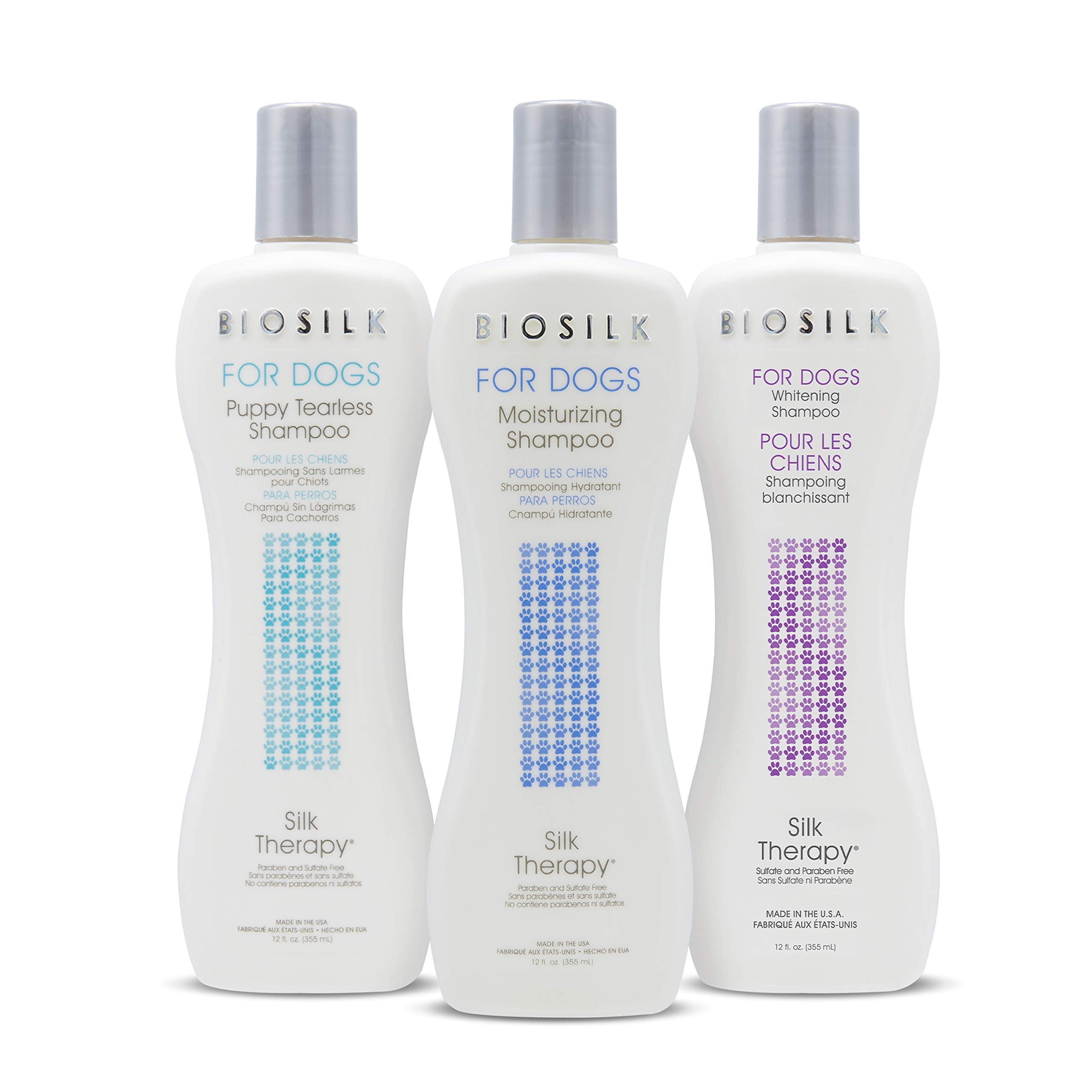 BioSilk Silk Therapy Whitening Dog Shampoo two-pack display for routine grooming