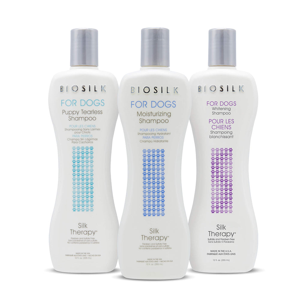 BioSilk Silk Therapy Whitening Dog Shampoo two-pack display for routine grooming