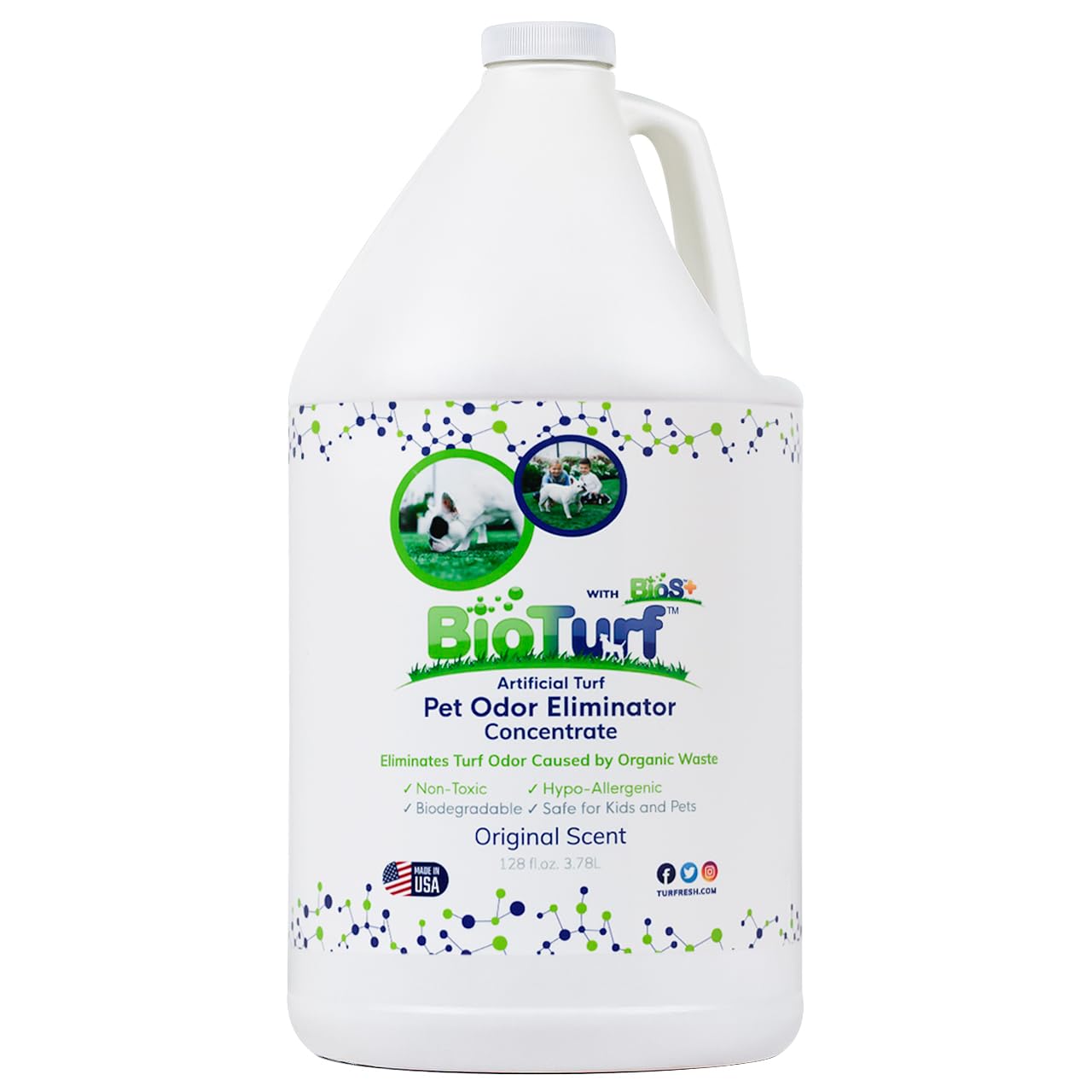 BioS+ concentrate bottle highlights dilution to multiple gallons