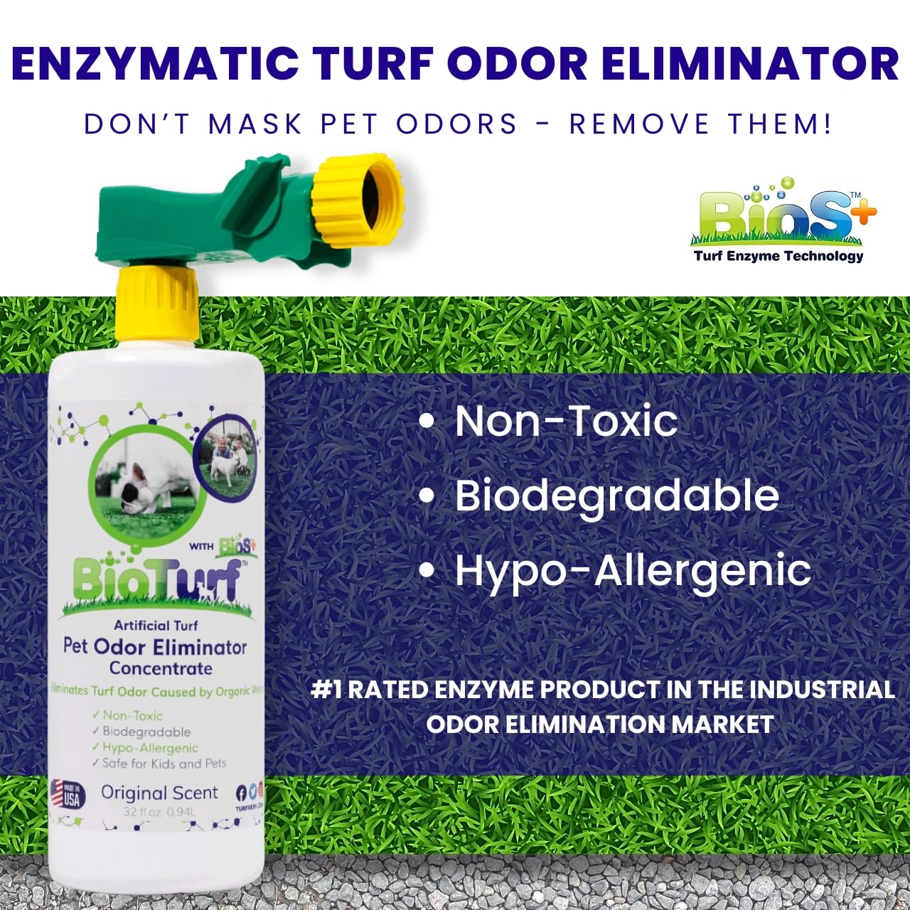 BioTurf BioS+ spray action demonstrates enzymatic cleaning on turf.