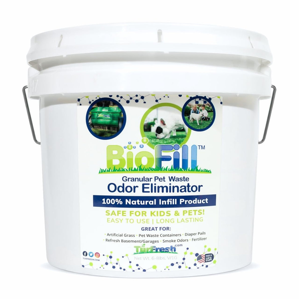BioTurf granular turf infill in a 1-gallon pail for odor control.