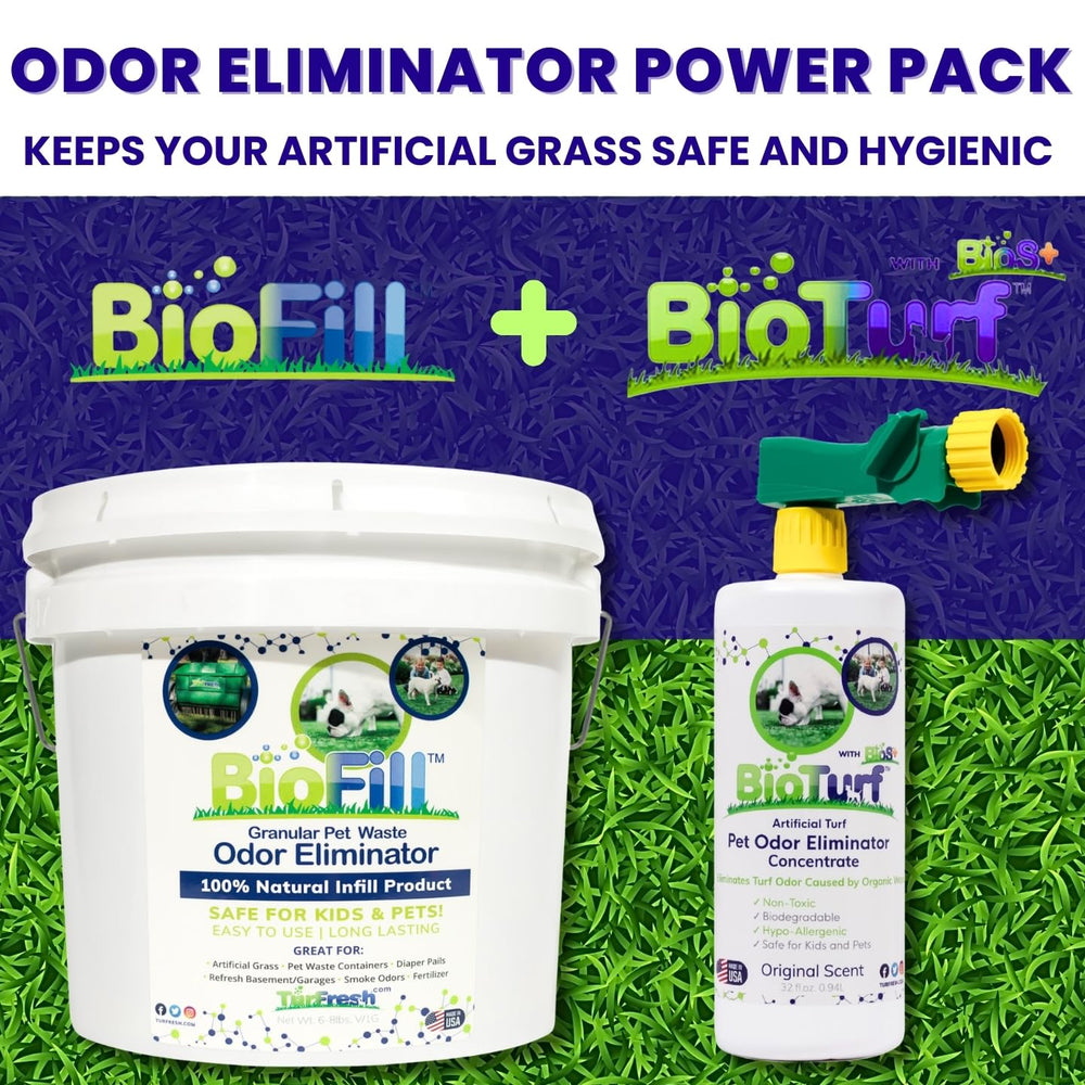 BioS+ concentrate bottle from BioTurf Mini Power Pack for odor targeting.