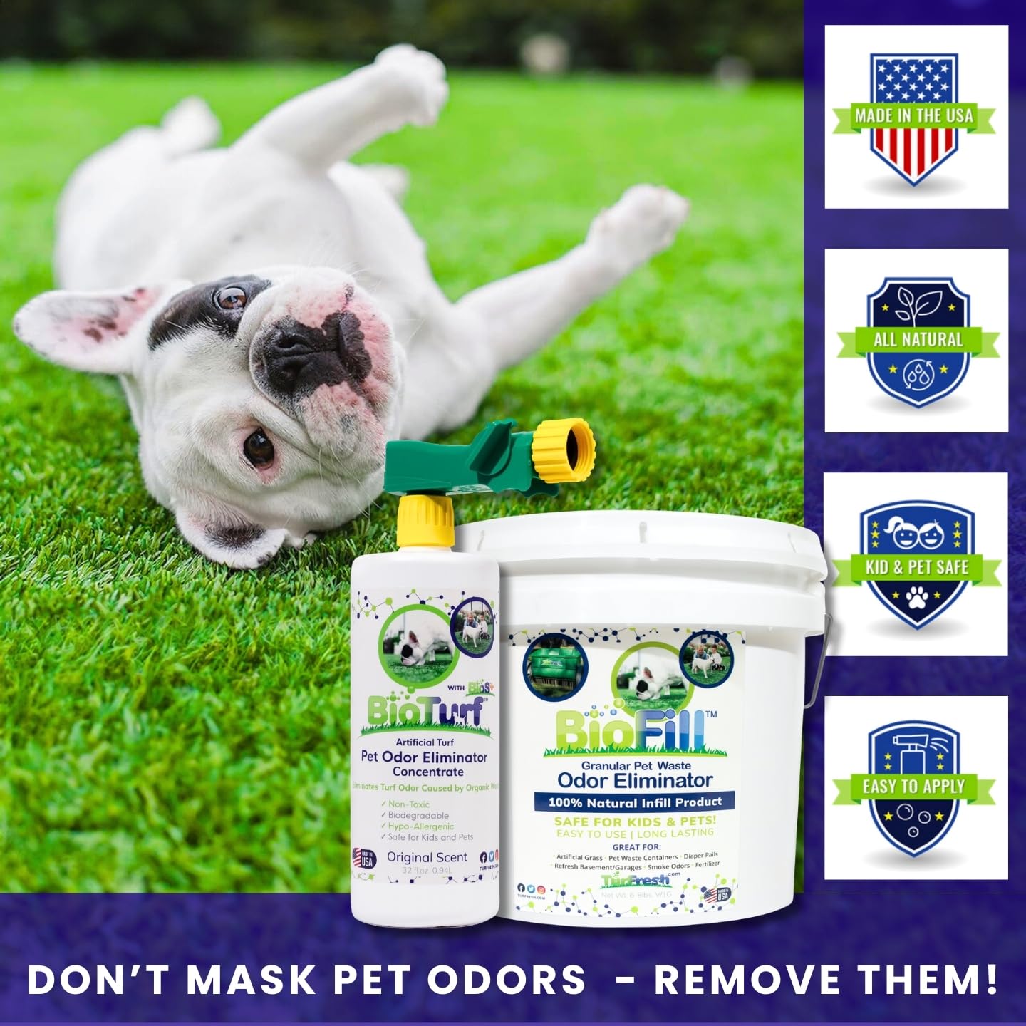 Turf odor elimination on artificial turf with BioTurf Mini Power Pack.