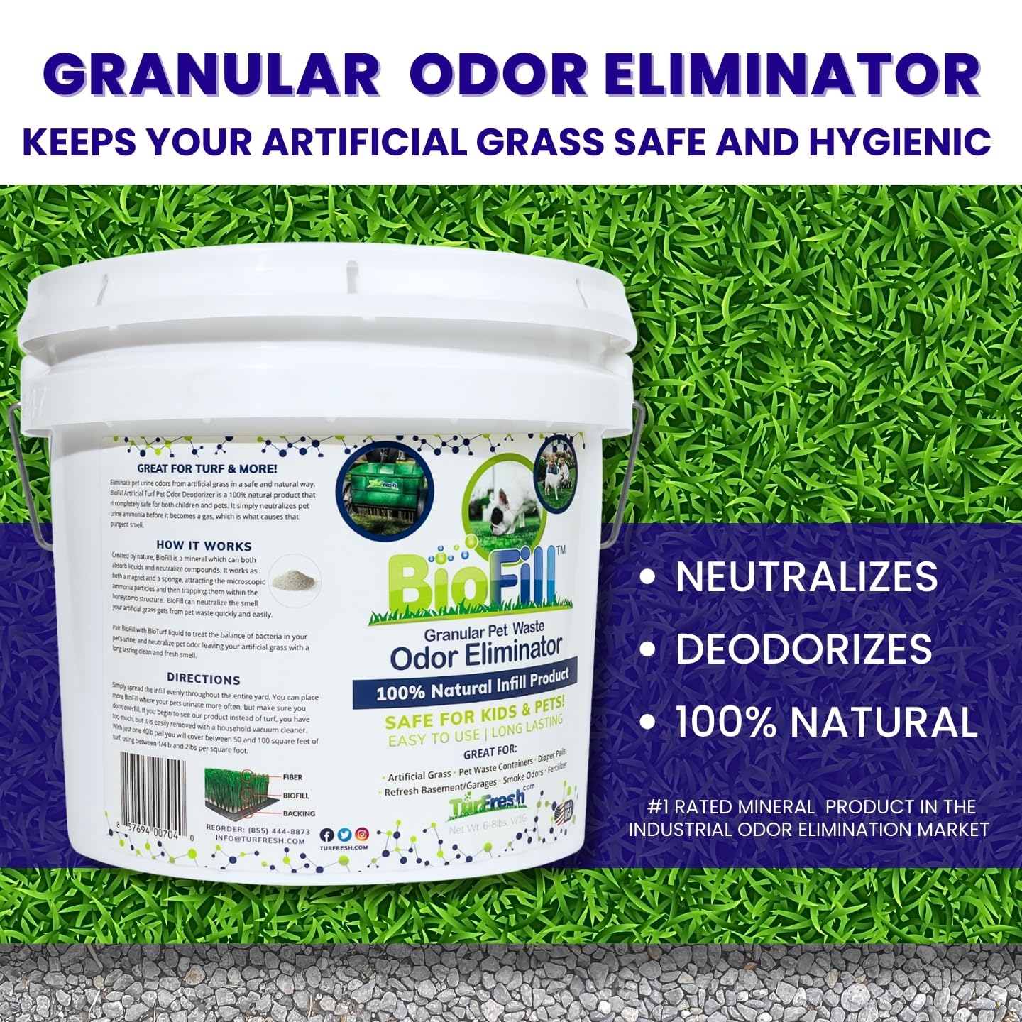 BioTurf odor-absorption granules neutralizing pet odors at the source.