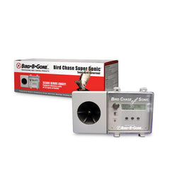 Bird B Gone Bird Chase Super Sonic outdoor unit deters birds from a patio.