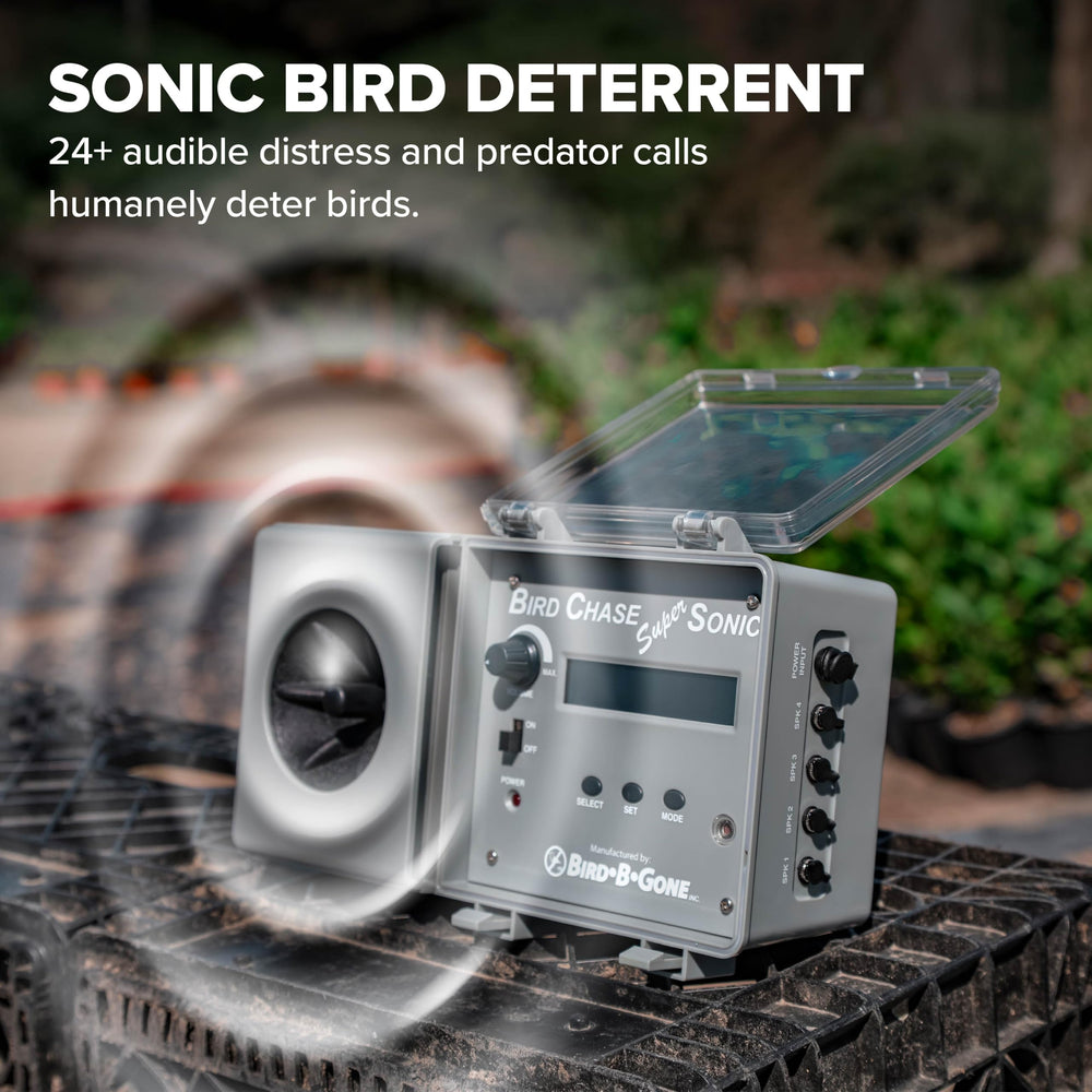 Bird B Gone Bird Chase Super Sonic mounted on a deck protecting outdoor space.