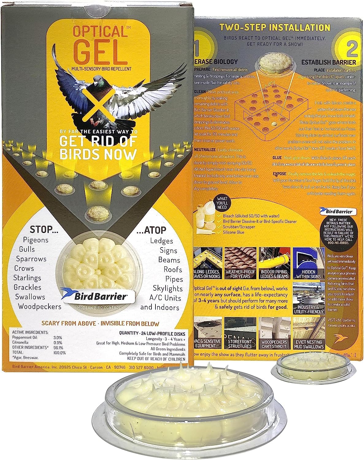 Bird Barrier Optical Gel 24 Pack box ready for quick outdoor deterrence setup.