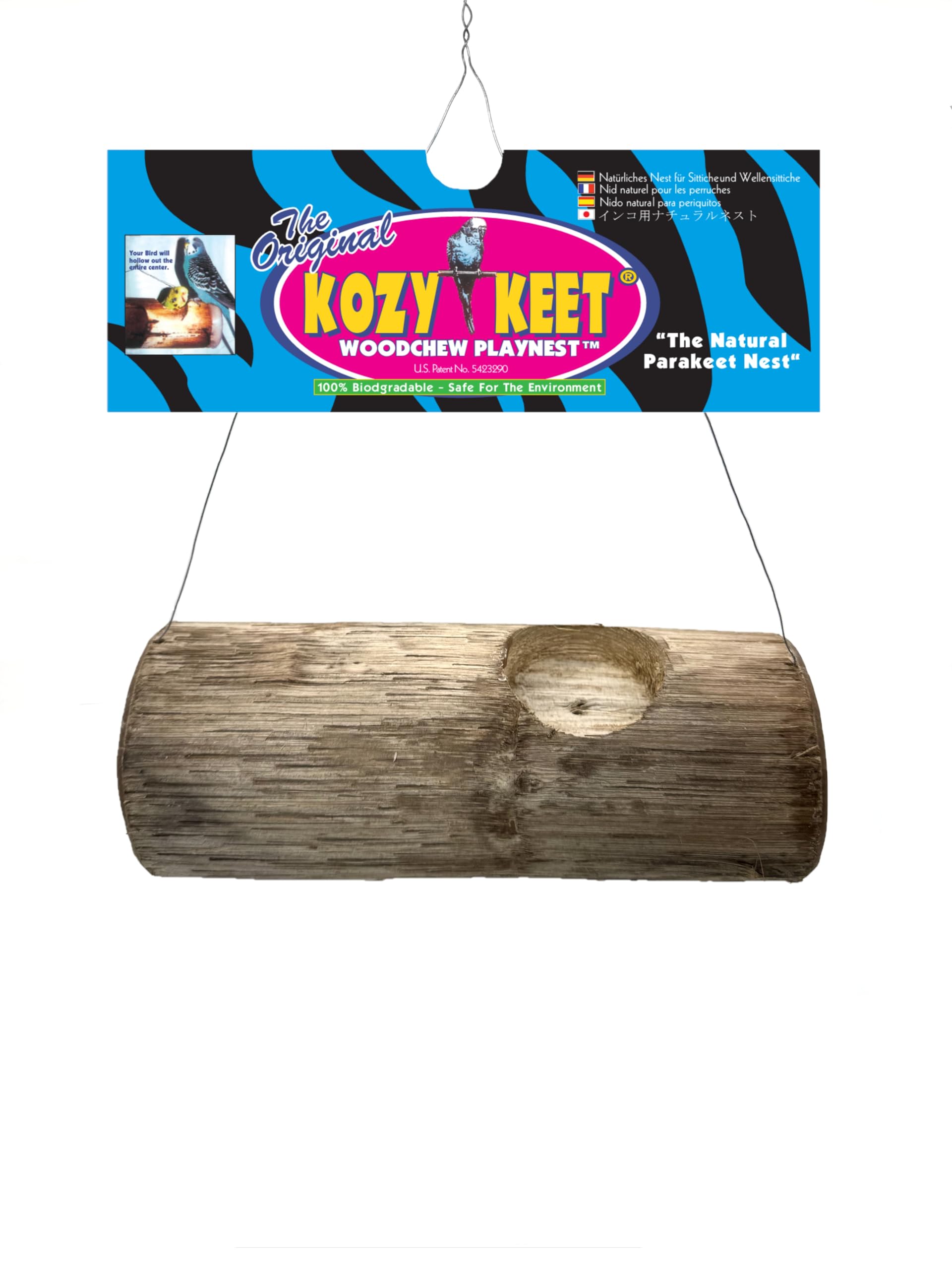 Bird Kabob Wesco Pet Kozy Keet Woodchew Playnest for parakeets' natural chewing and nesting activity.