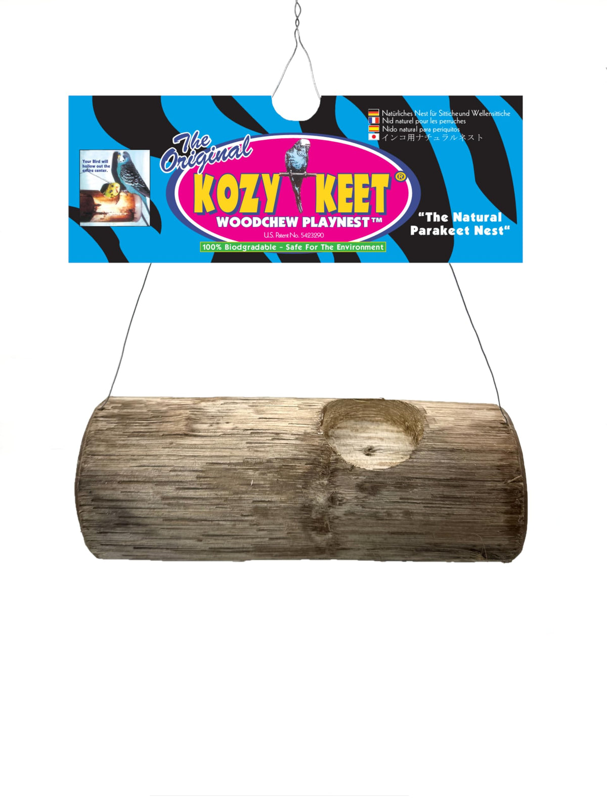 Bird Kabob Wesco Pet Kozy Keet Woodchew Playnest for parakeets' natural chewing and nesting activity.