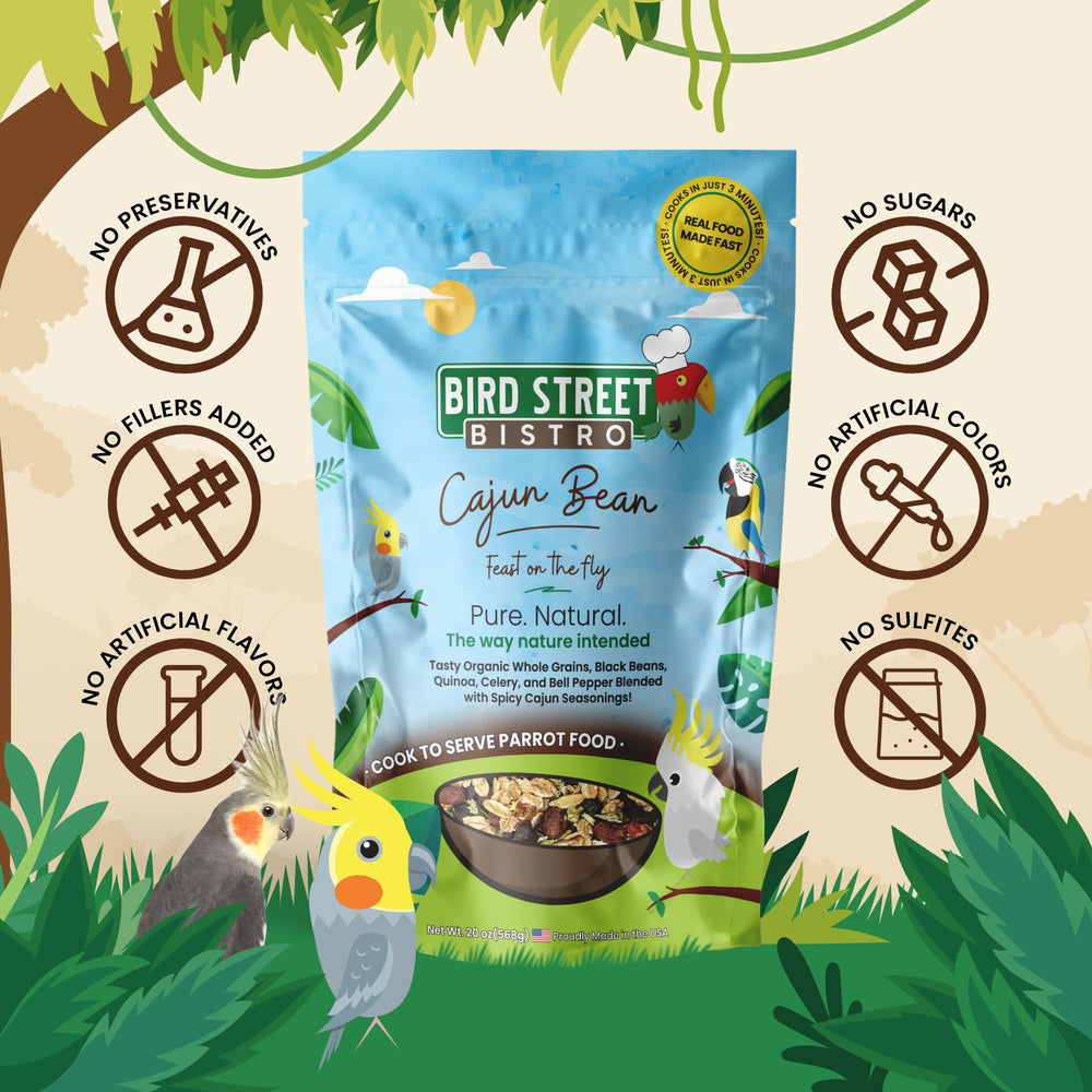 Bird Street Bistro Cajun Bean grains mix showcases wholesome whole grains for parrots.