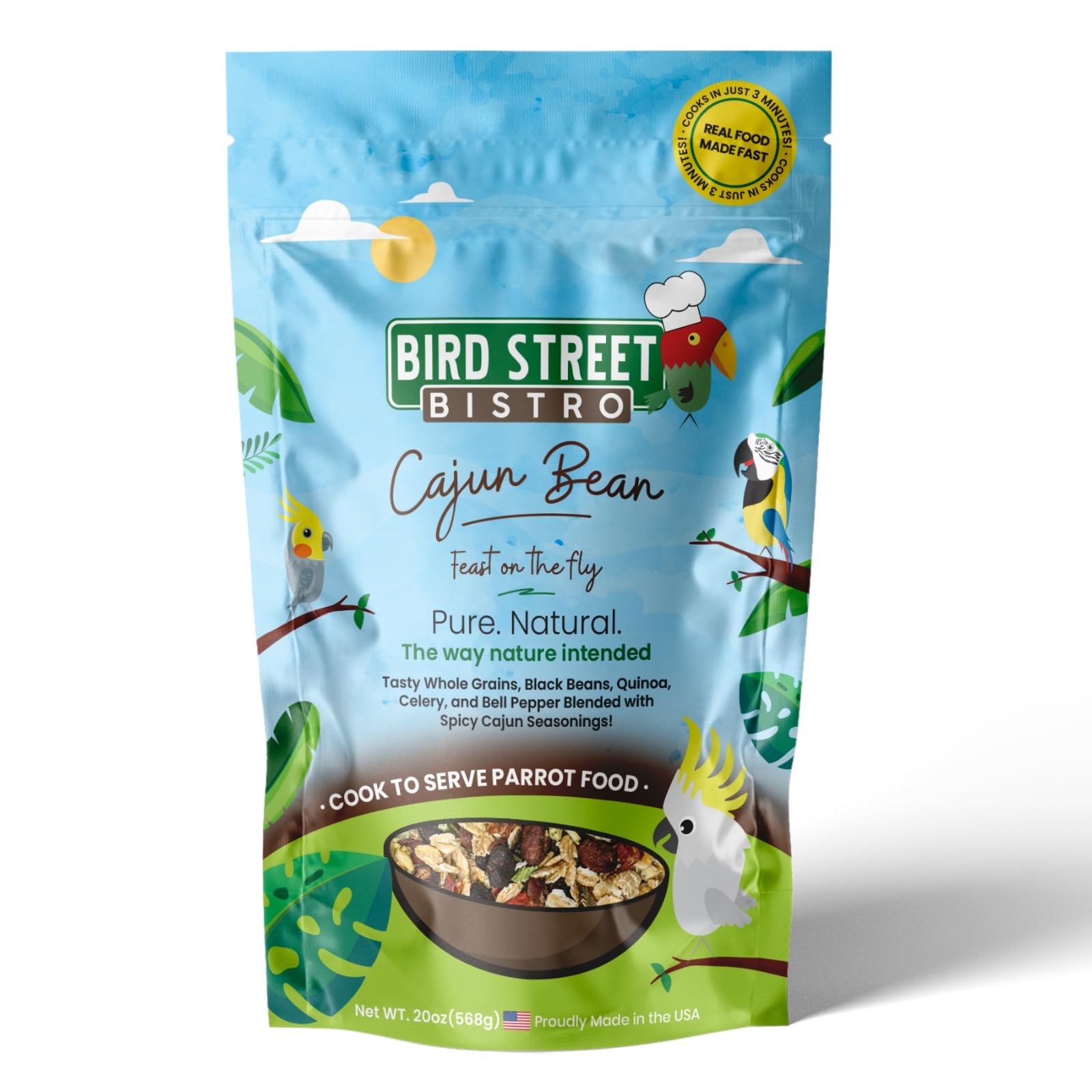 Bird Street Bistro Cajun Bean parrot food packaging shows quick, easy meals for busy bird owners.