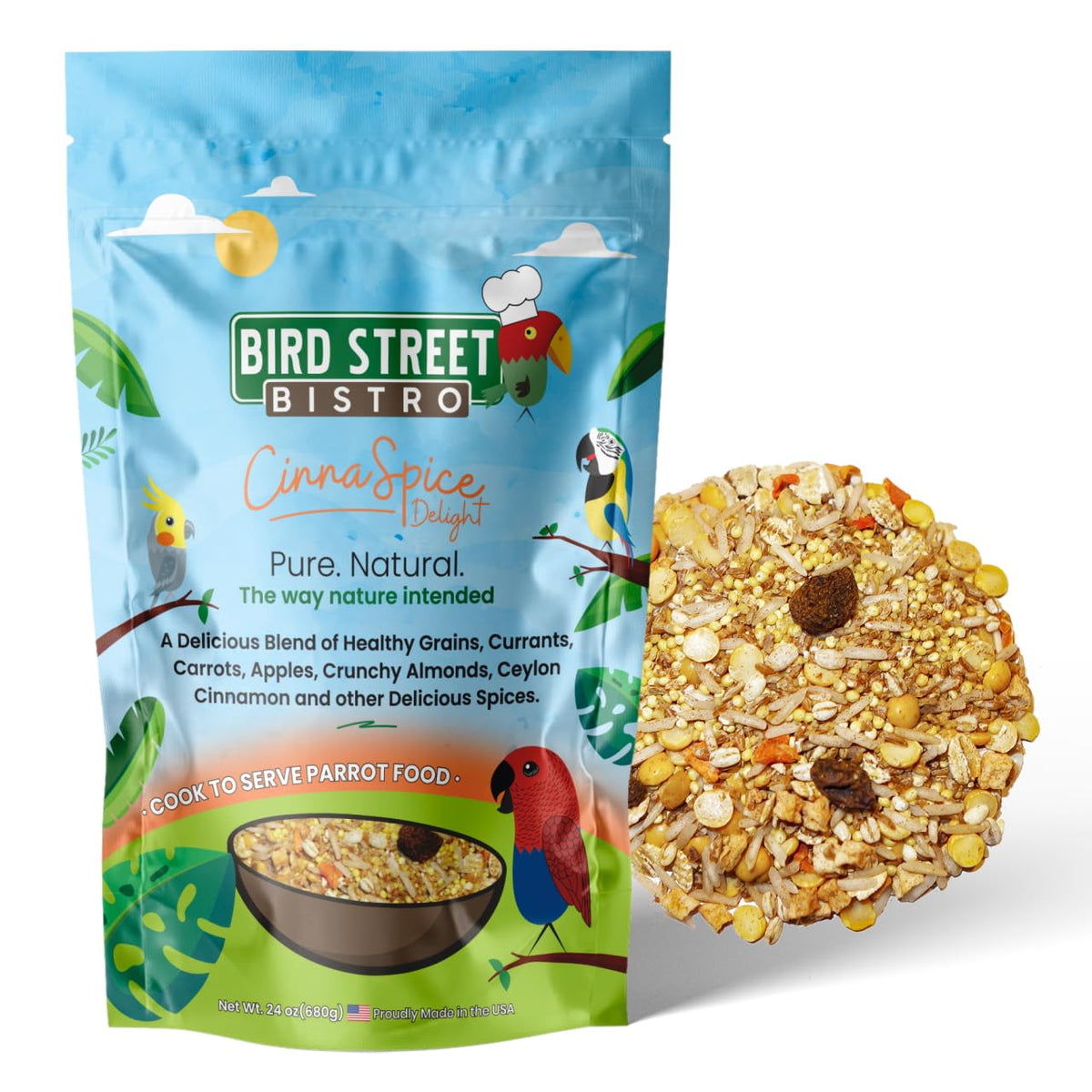 Bird Street Bistro CinnaSpice bag front shows natural ingredients for parrot meals.