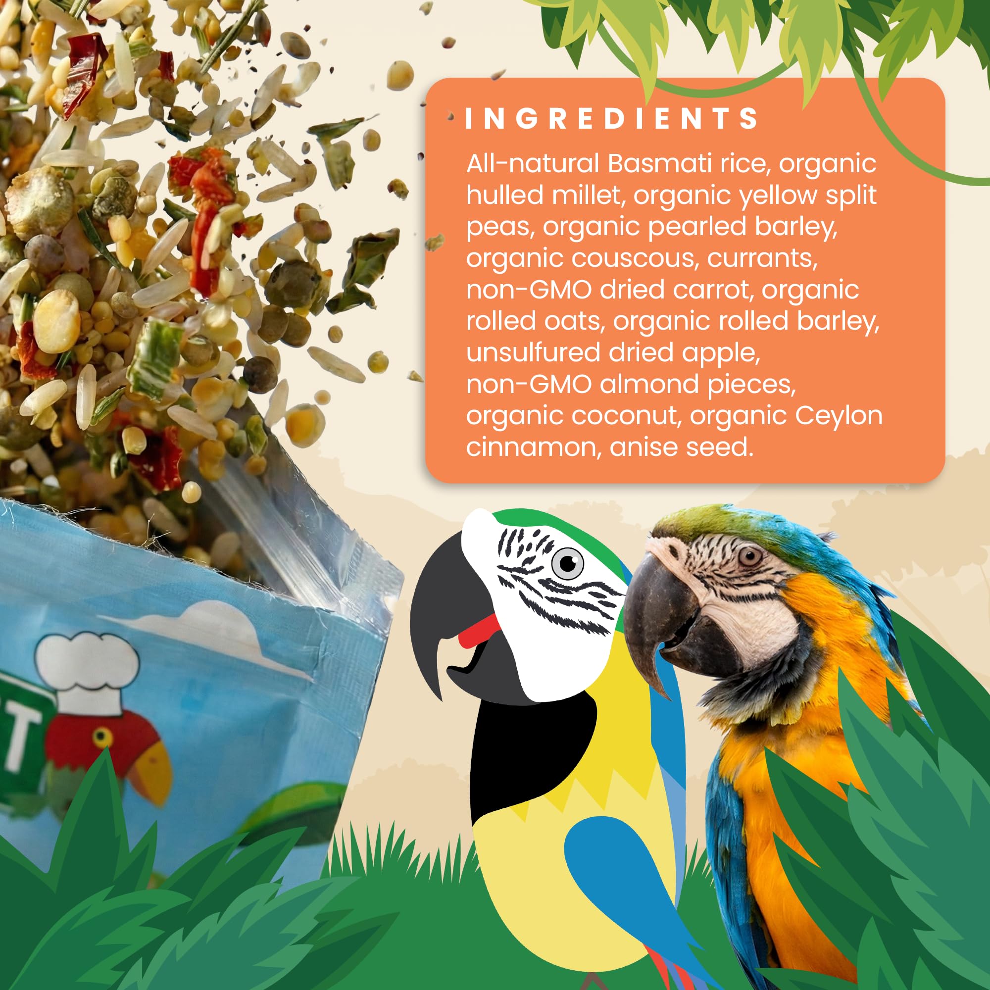Bird Street Bistro CinnaSpice ingredient mix highlights grains and fruits for bird nutrition.
