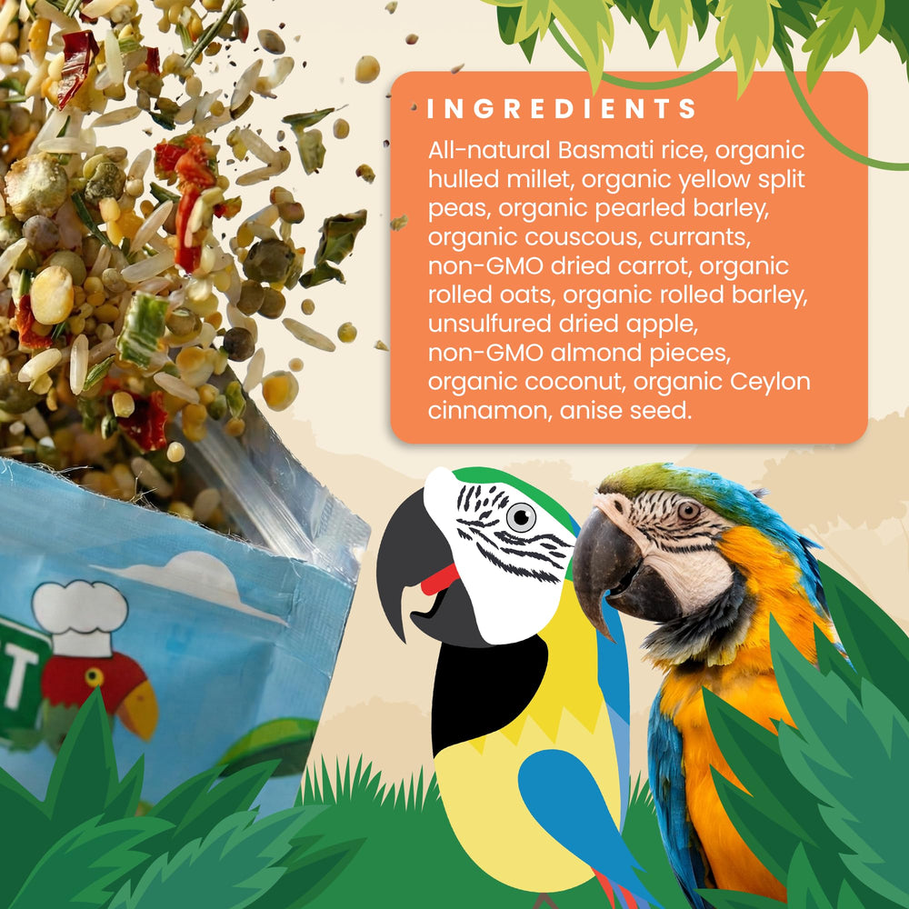 Bird Street Bistro CinnaSpice ingredient mix highlights grains and fruits for bird nutrition.