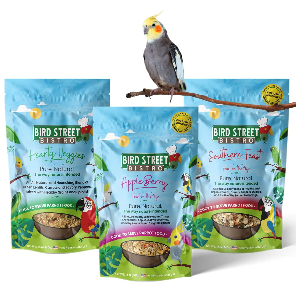 Bird Street Bistro Cockatiel Food Sample 3 Pack packaging highlights natural ingredients for balanced parrot nutrition