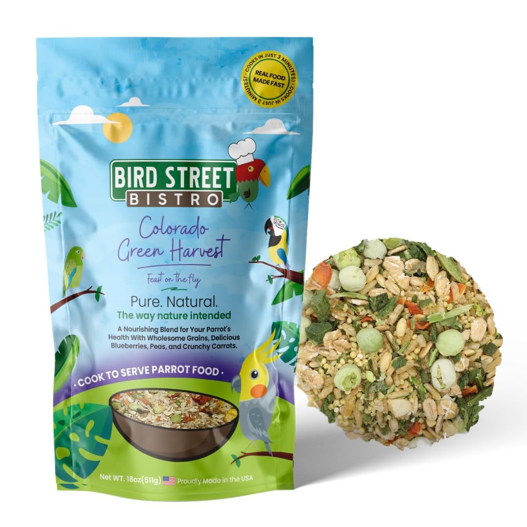 Bird Street Bistro Colorado Green Harvest 18oz bowl of parrot food for mixed species.