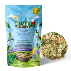 Bird Street Bistro Colorado Green Harvest 18oz bowl of parrot food for mixed species.