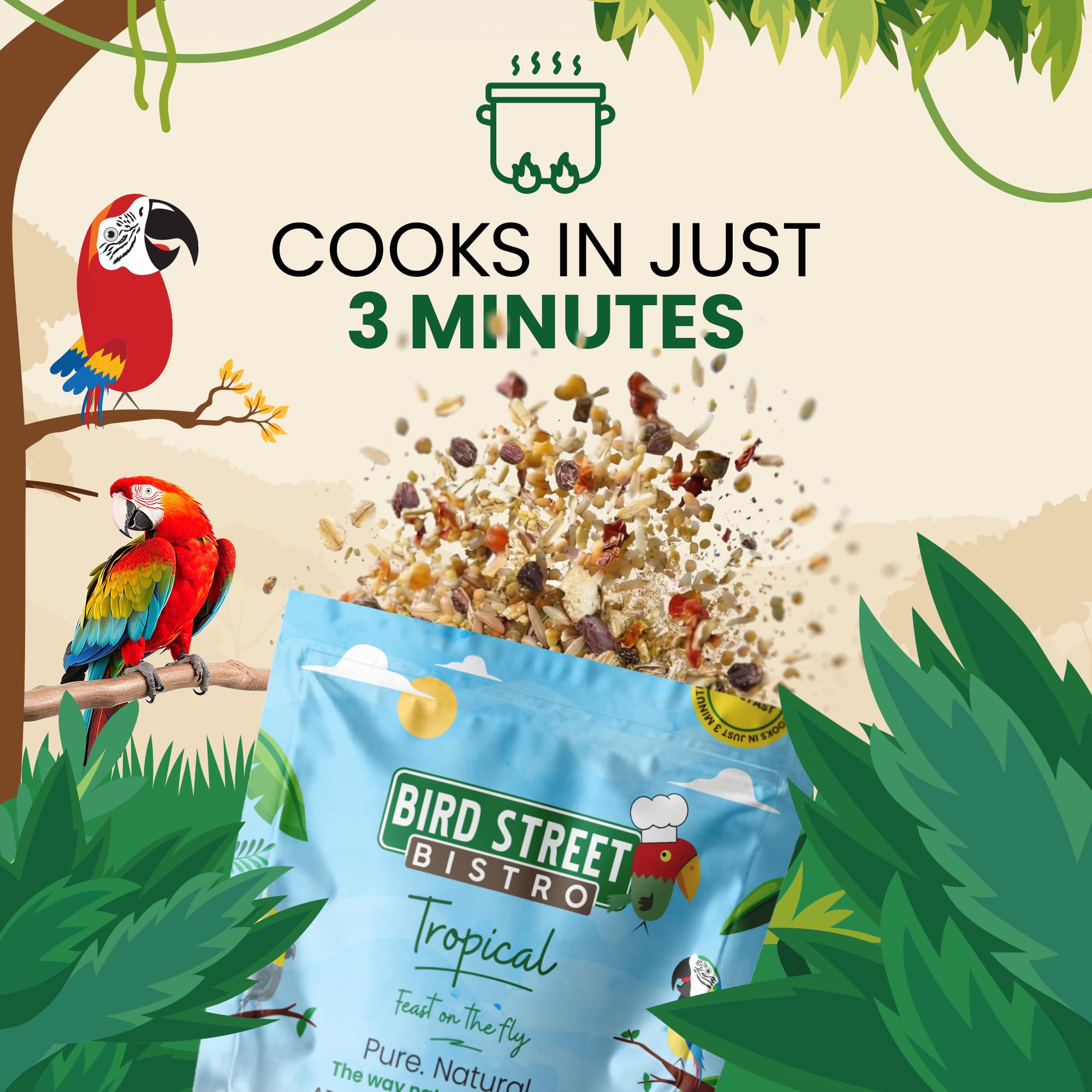Bird Street Bistro eco-packaging and recycling message with birds feeding