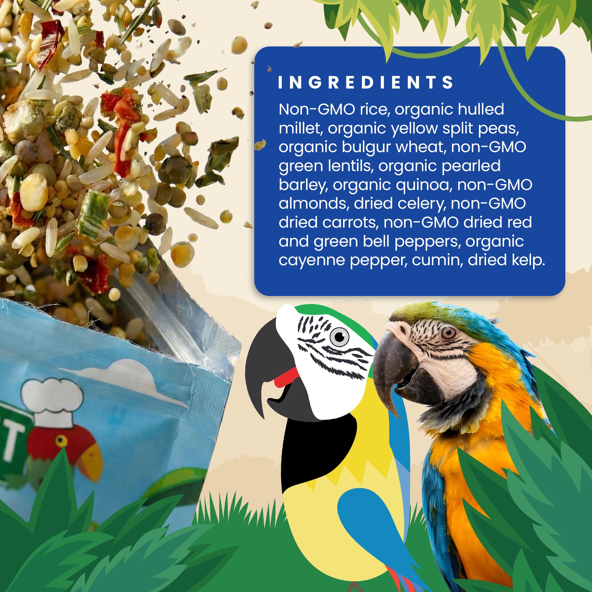 Bird Street Bistro natural-grains parrot food delivers wholesome ingredients for daily meals.