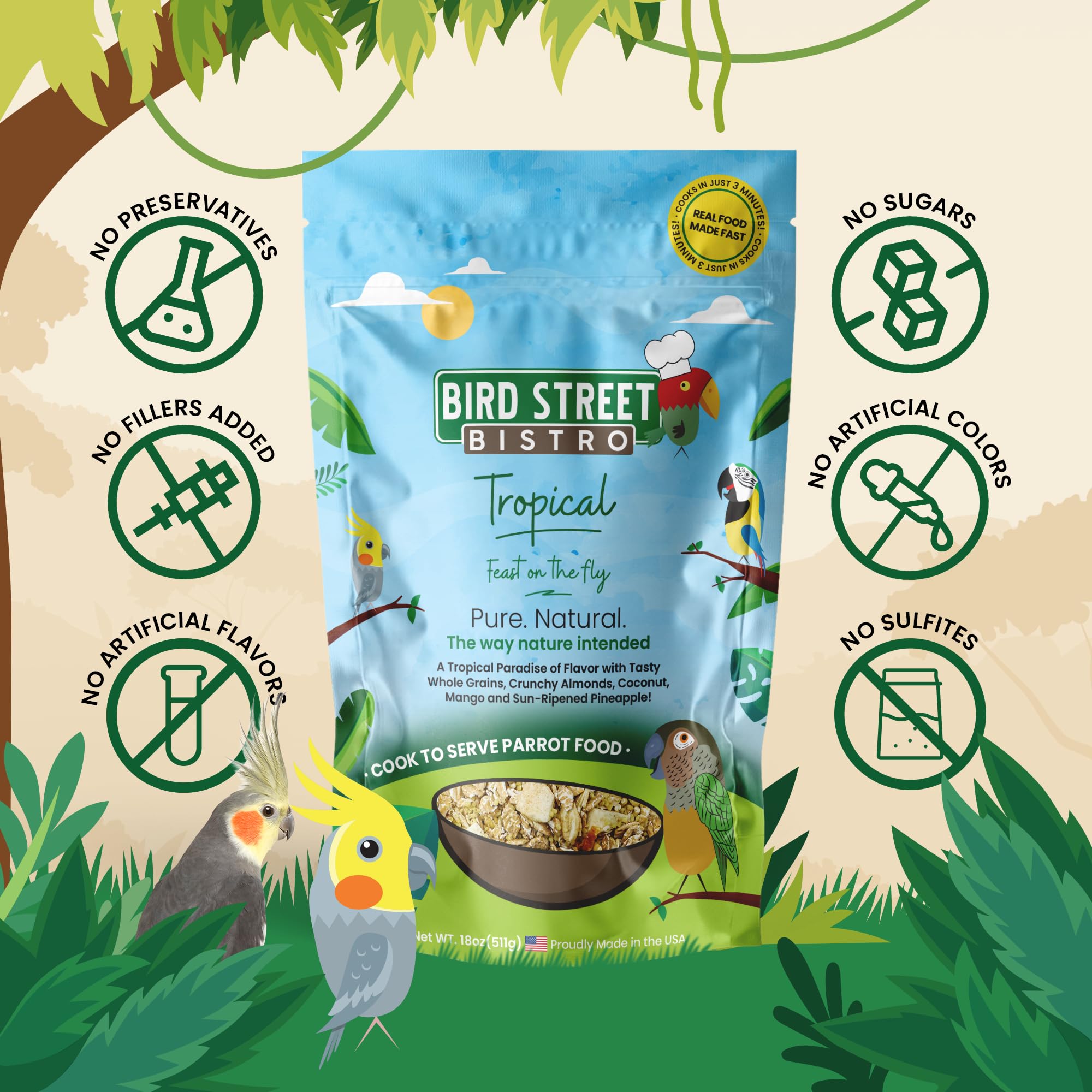 Bird Street Bistro packaging in USA label emphasizes quality and eco-friendly practices