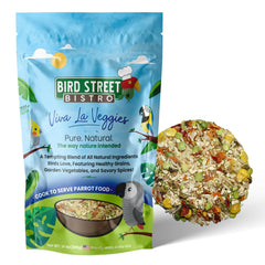 Bird Street Bistro parrot food packaging highlights a ready-to-serve blend for all parrot companions.