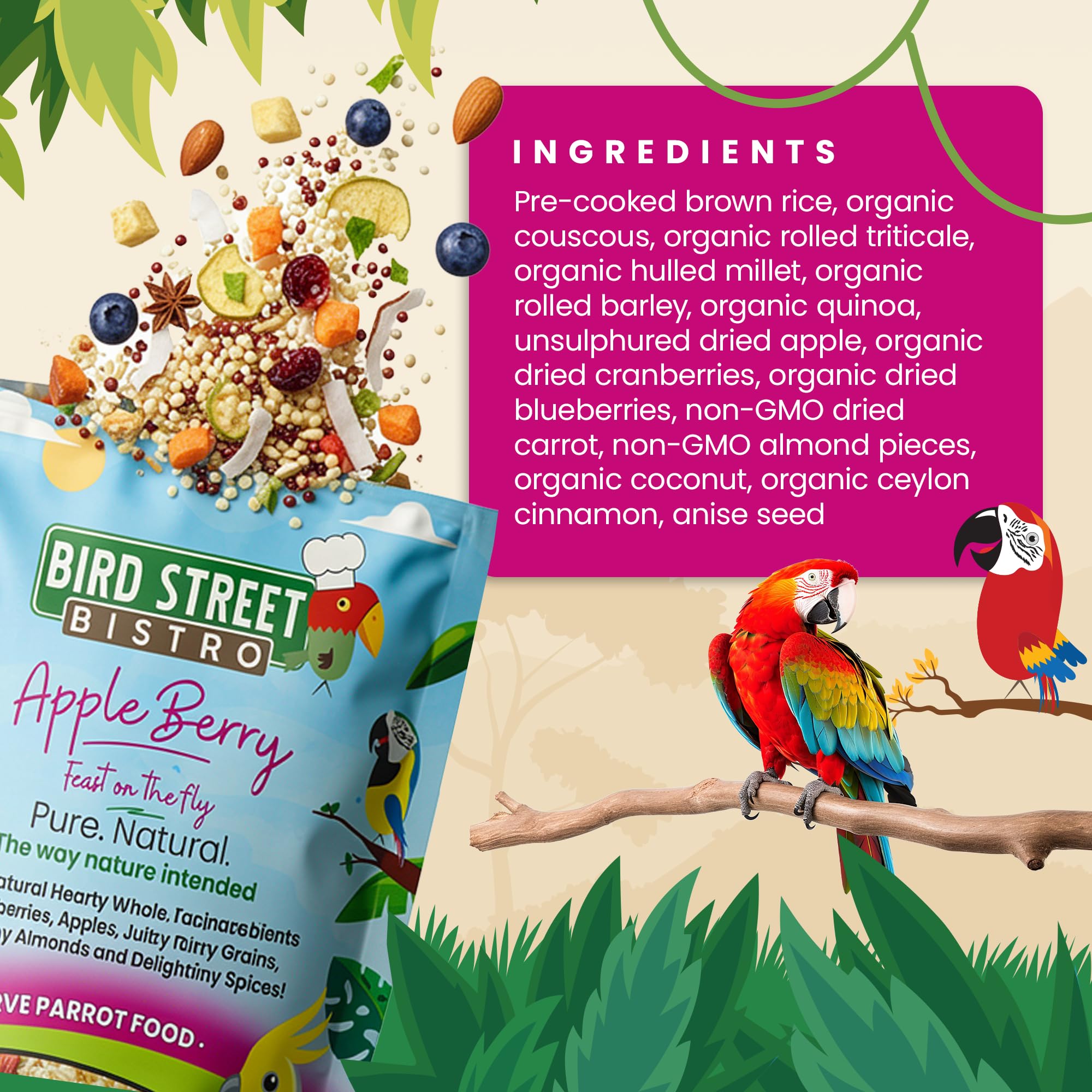 Bird Street Bistro scoop with parrot food highlights quick, 3-15 minute meals.