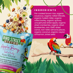 Bird Street Bistro scoop with parrot food highlights quick, 3-15 minute meals.