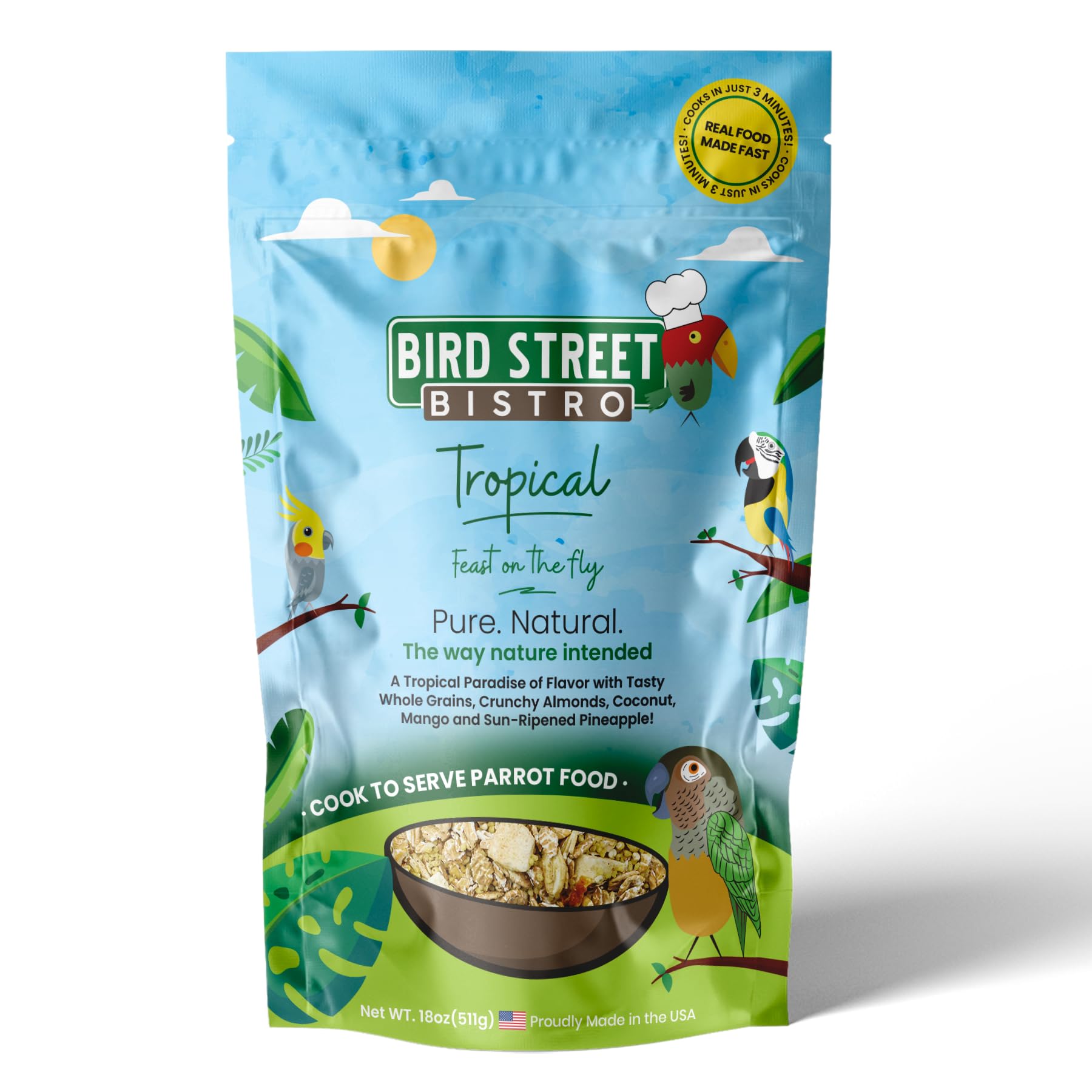 Bird Street Bistro Tropical parrot food bowl with colorful mix for parakeets and cockatiels