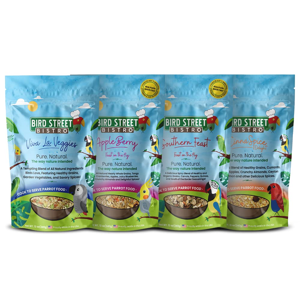 Bird Street Bistro parrot food variety pack ready to serve diverse flavors.