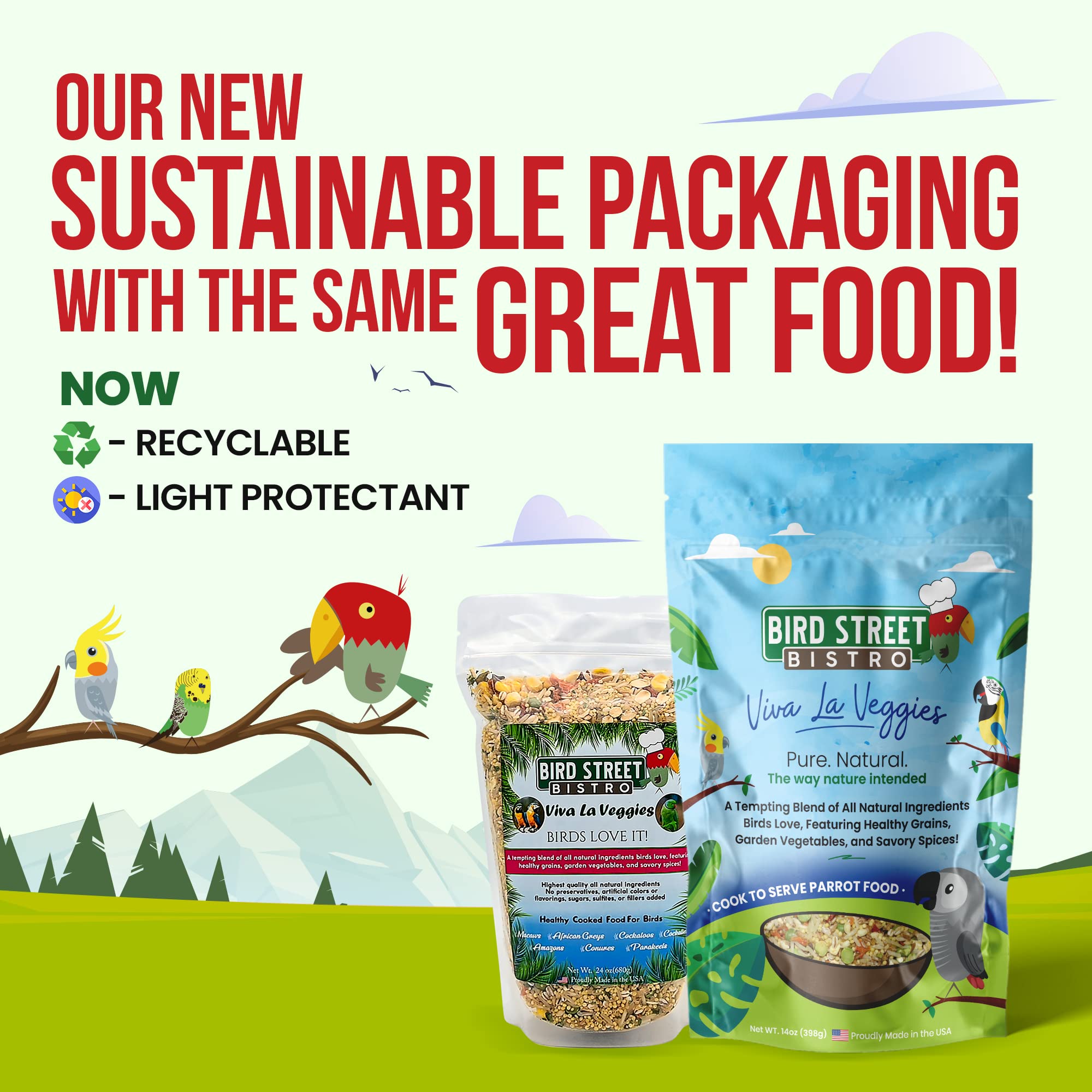 Bird Street Bistro Viva La Veggies flavor promotes veggie-rich parrot meals.