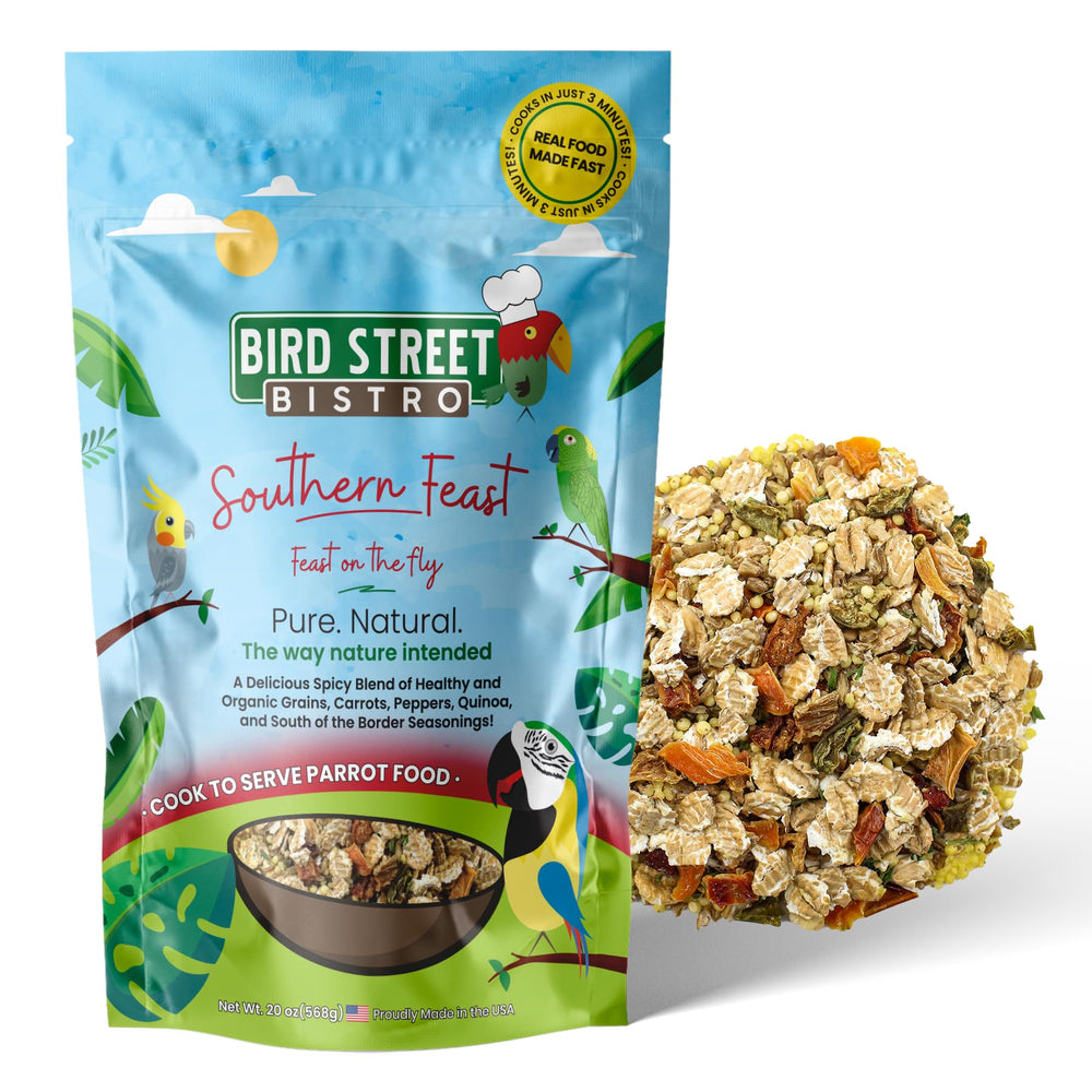 Bird Street Bistro Southern Feast bag front view for parakeets and cockatiels.