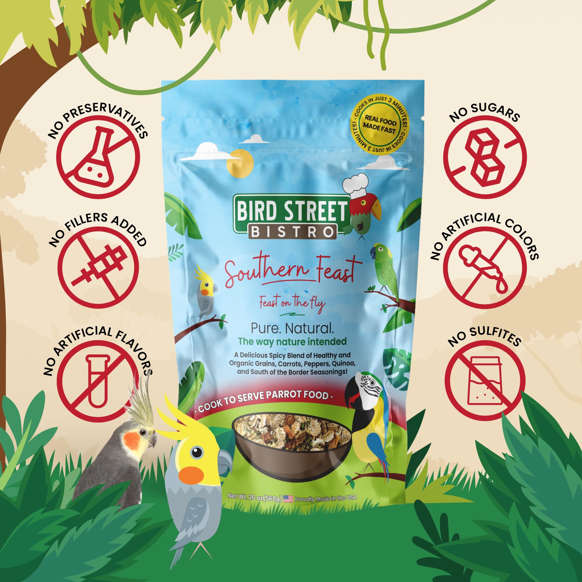 Ingredients scene showing wholesome grains and vegetables for balanced parrots.