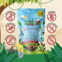 Ingredients scene showing wholesome grains and vegetables for balanced parrots.