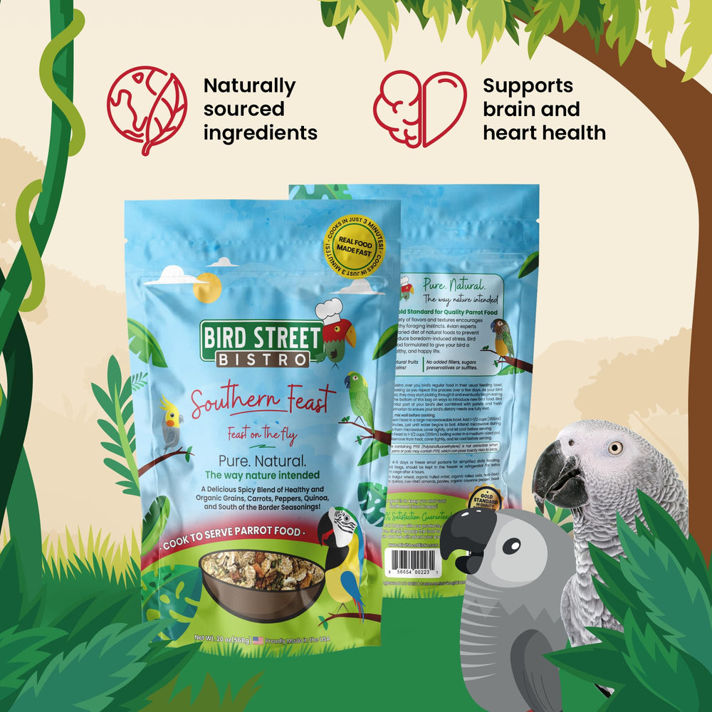 Parrots happily eating the Southern Feast mix for enrichment.