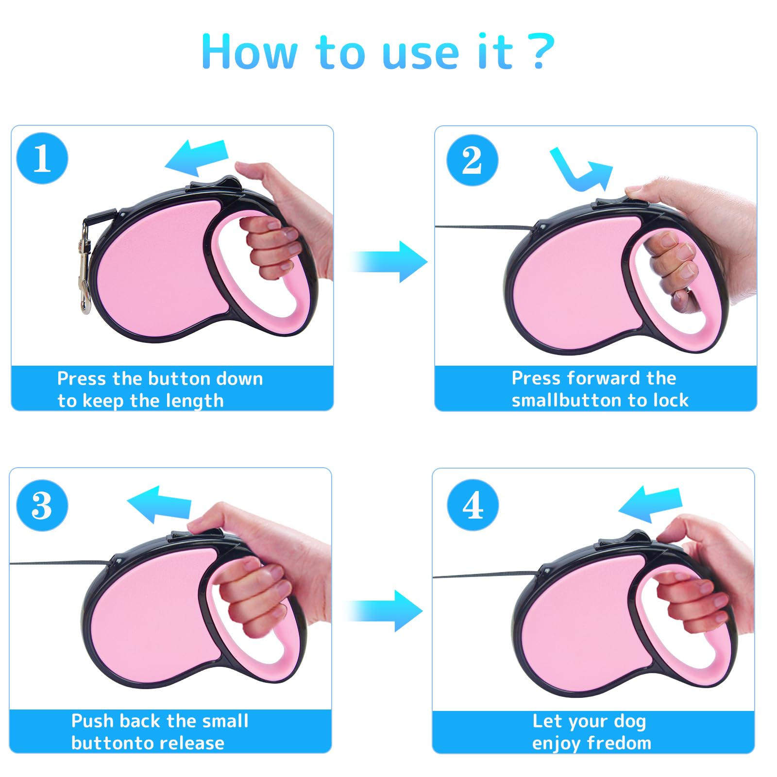 Birddie retractable leash in hand demonstrating one-handed brake and lock.