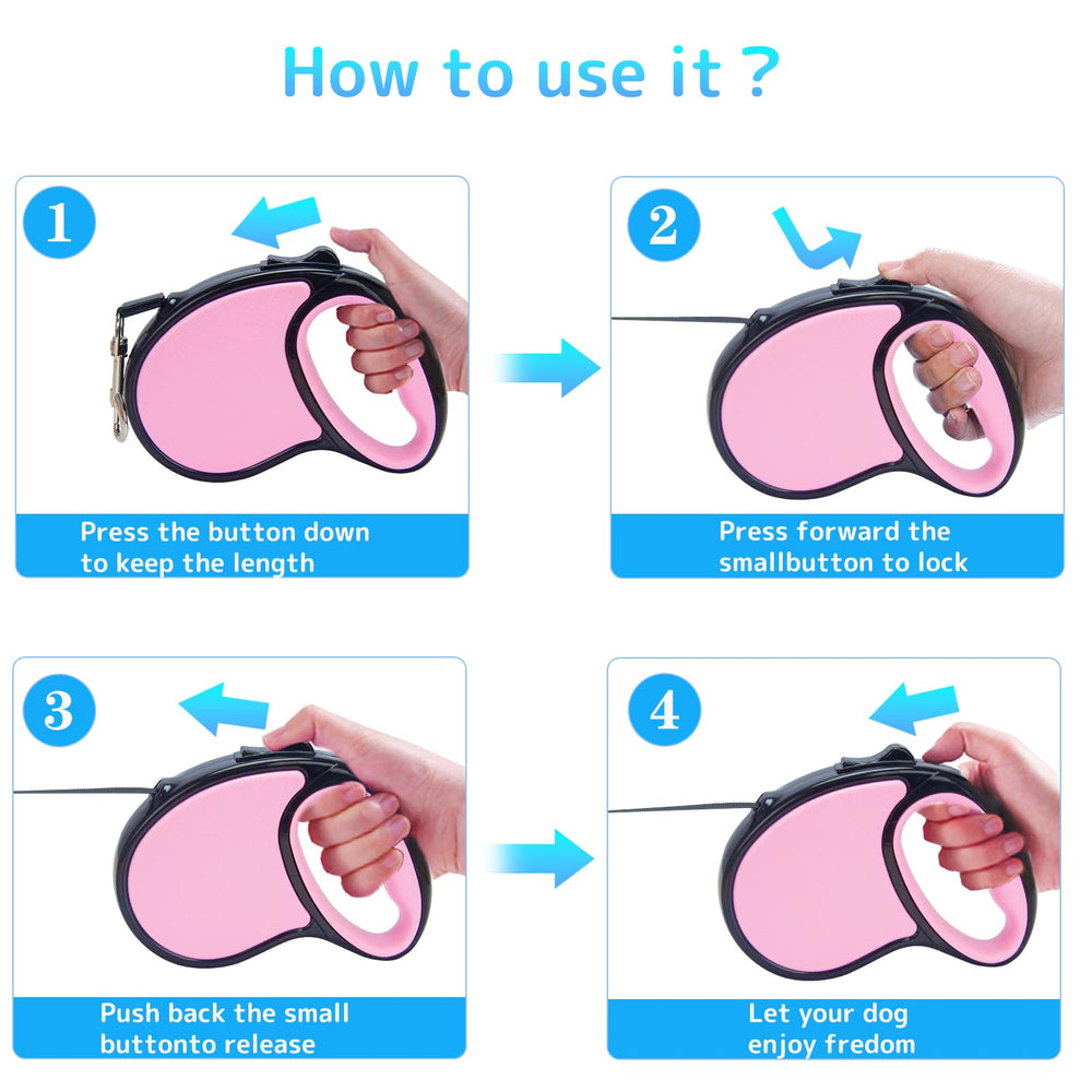 Birddie retractable leash in hand demonstrating one-handed brake and lock.
