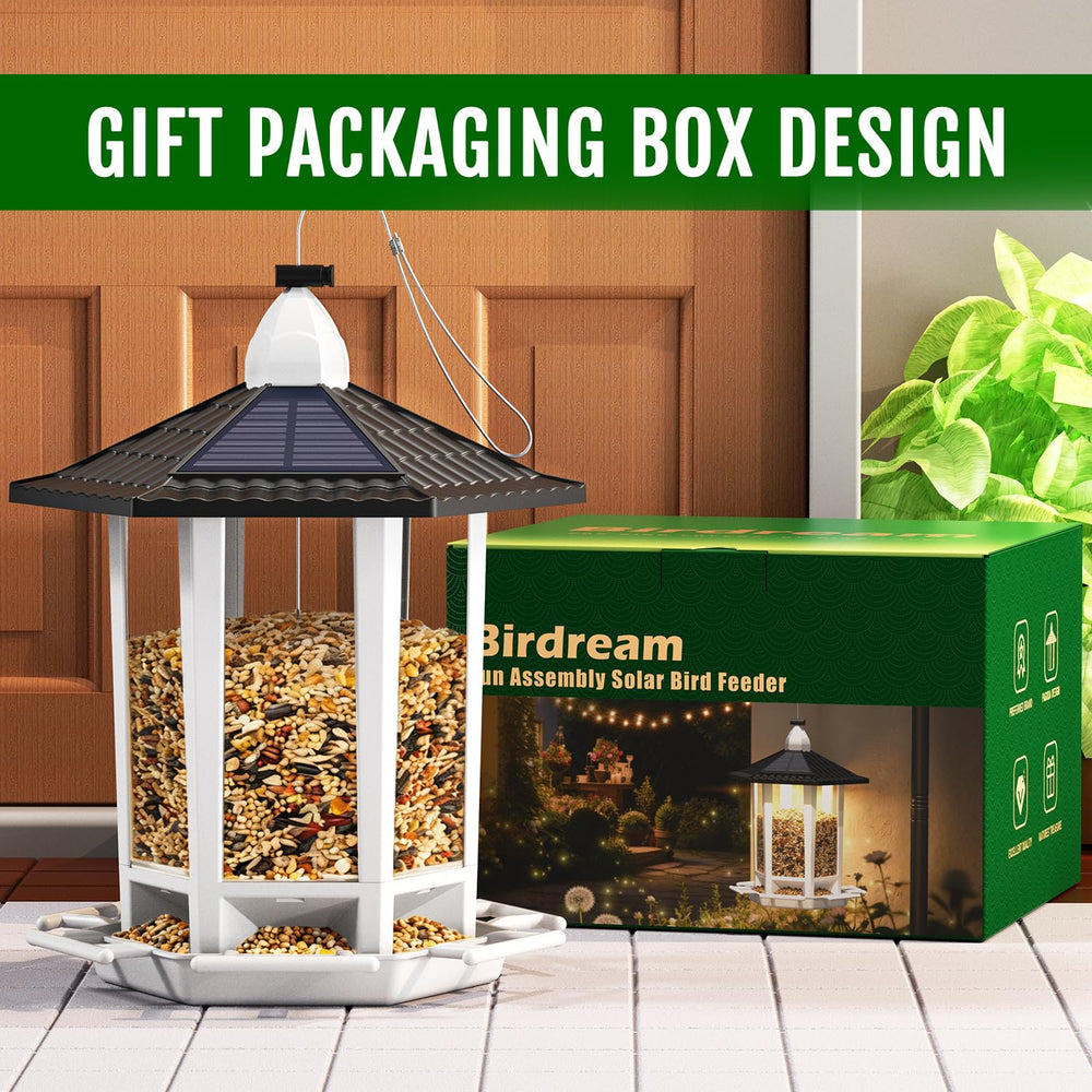 Birdream clear-view panels show seed levels for easy refills.