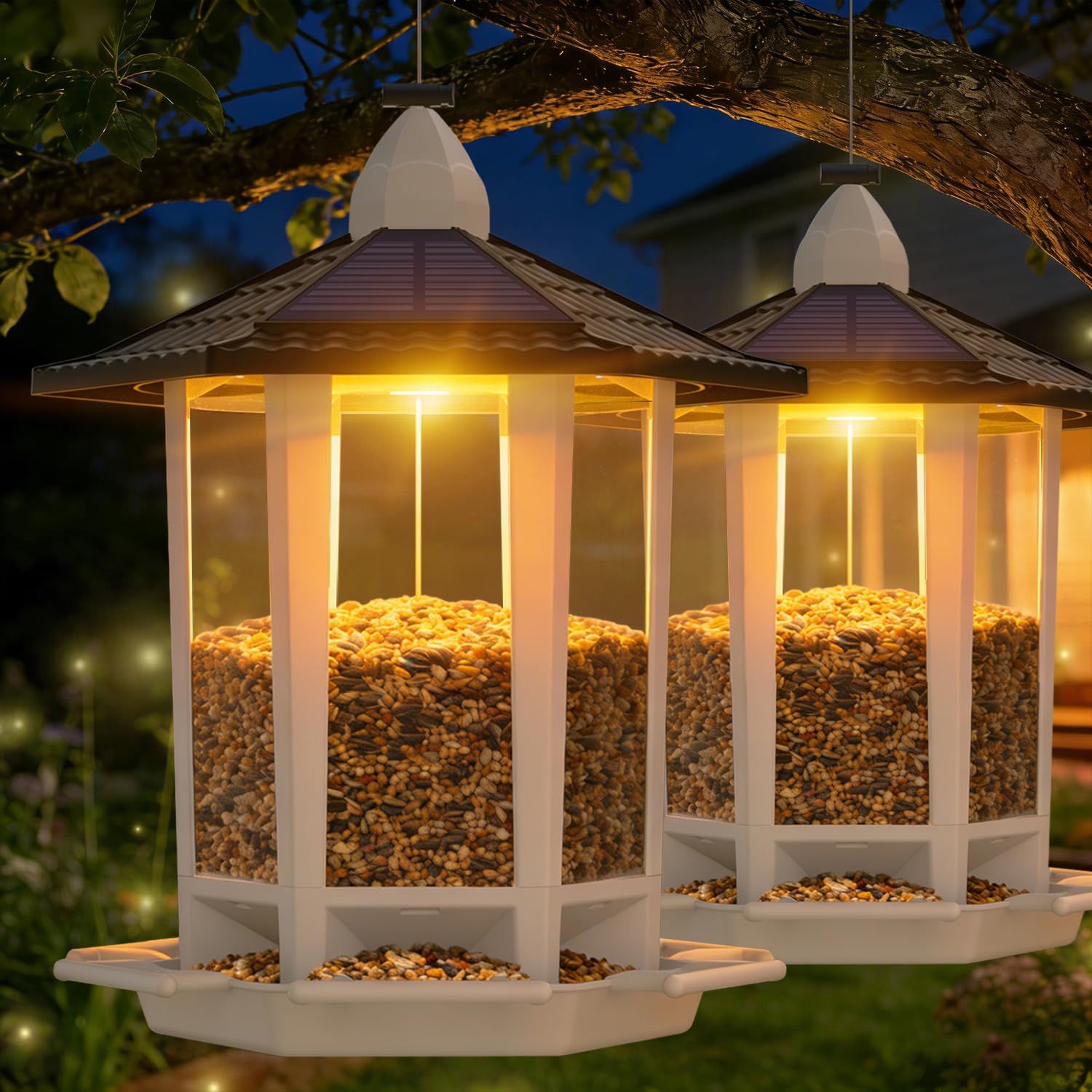 Birdream solar bird feeder pagoda hanging in the garden attracts finches and cardinals.