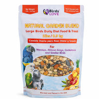 Birds LOVE All Natural Garden Blend 2lb bag showing a colorful parrot-friendly mix for enrichment.
