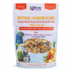 Birds LOVE All Natural Garden Blend 2lb bag showing a colorful parrot-friendly mix for enrichment.