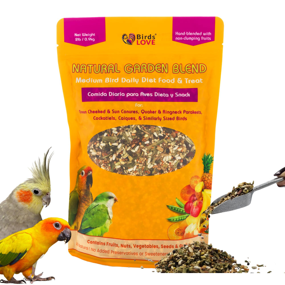 Birds LOVE all natural garden blend bird food bag front with colorful ingredients