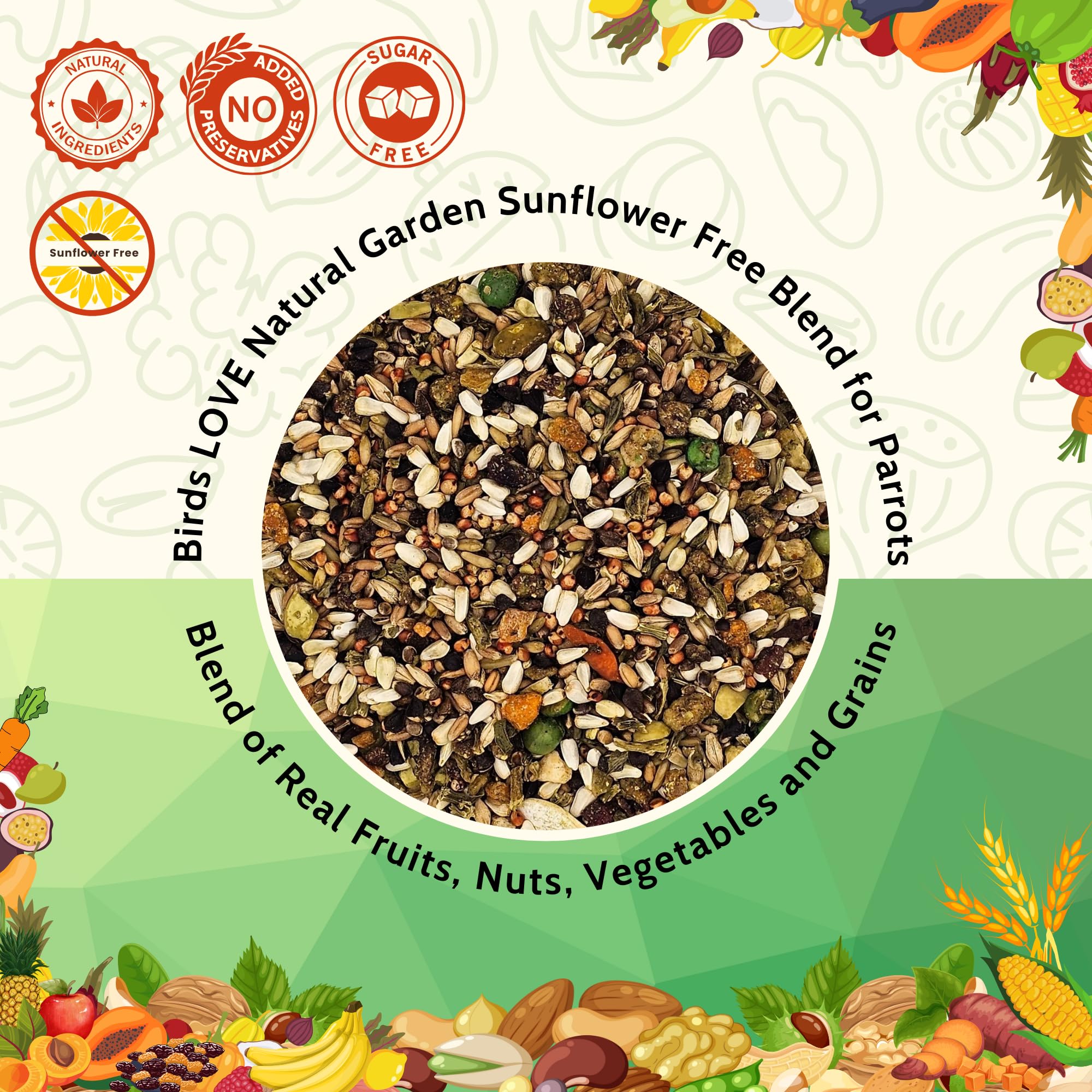 Birds LOVE fruits-nuts-vegetables-seeds closeup, colorful mix that keeps conures engaged during snacking.