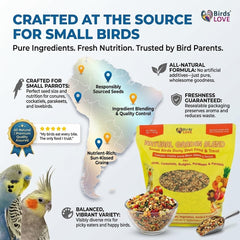 Birds LOVE Garden Blend bag shows content variety with colorful seeds.