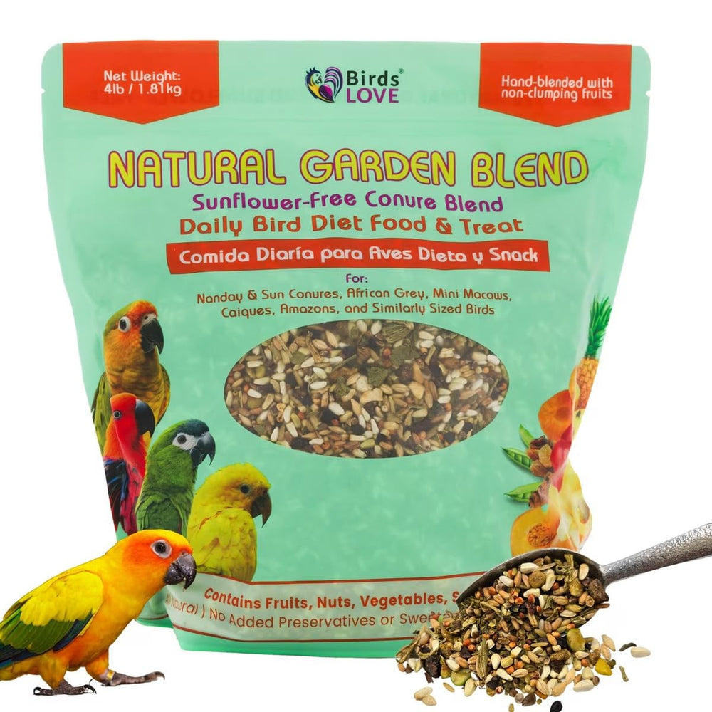 Birds LOVE Garden Blend conure food in a bowl with natural ingredients.