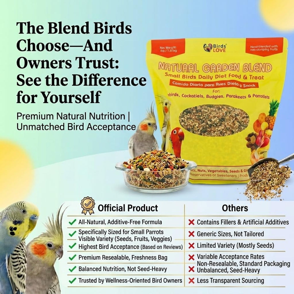 Birds LOVE Garden Blend hand packed bag emphasizes fresh craftsmanship.
