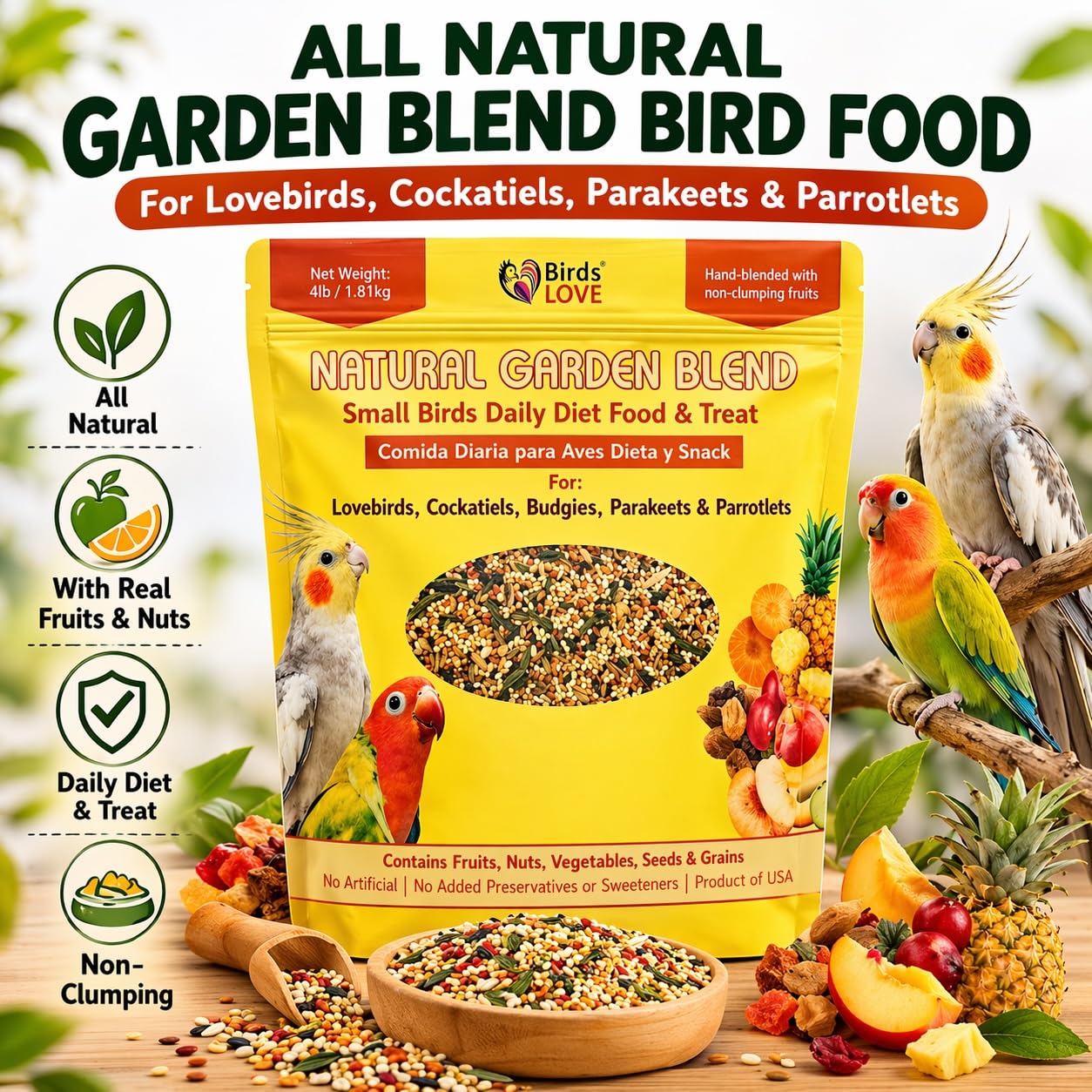 Birds LOVE Garden Blend ingredients closeup highlights real fruits and nuts.