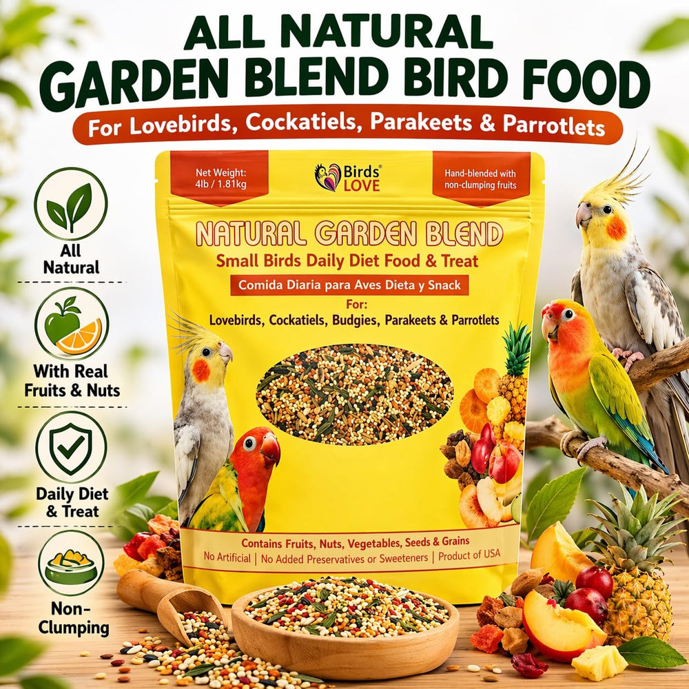 Birds LOVE Garden Blend ingredients closeup highlights real fruits and nuts.