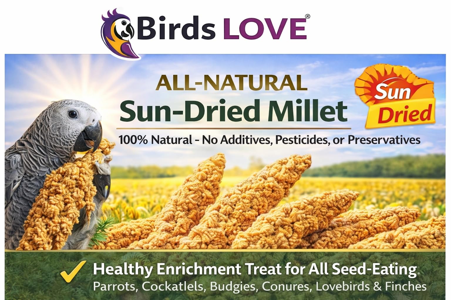 Training-friendly millet from Birds LOVE supports natural feeding behavior during play.